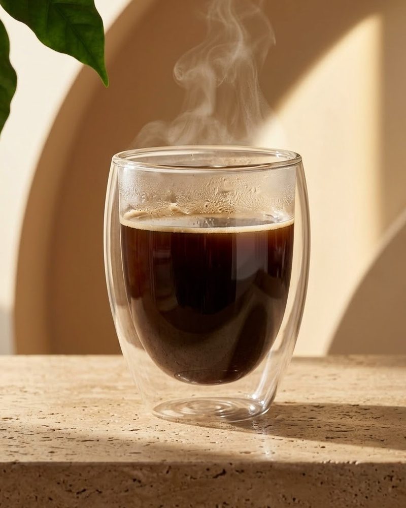 El mismo vaso de café sobre piedra con luz cálida, foto de estudio