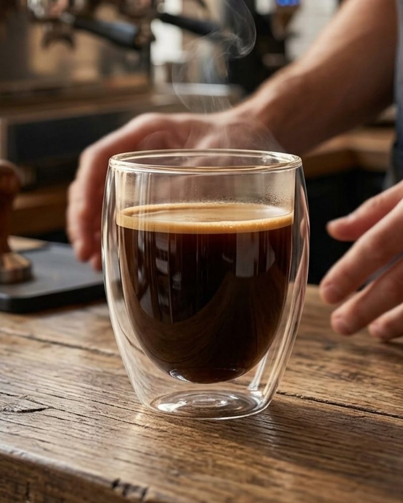 El café recién servido en la barra, con el barista detrás