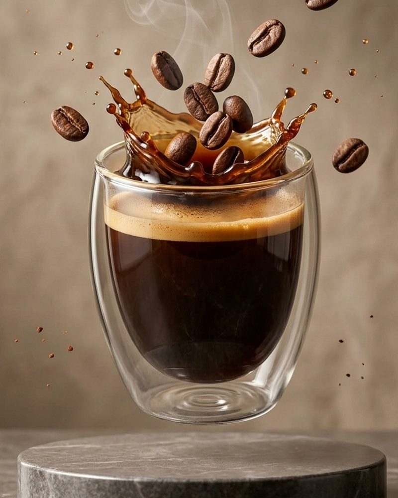 El mismo vaso de café con granos y salpicadura en el aire, foto de estudio