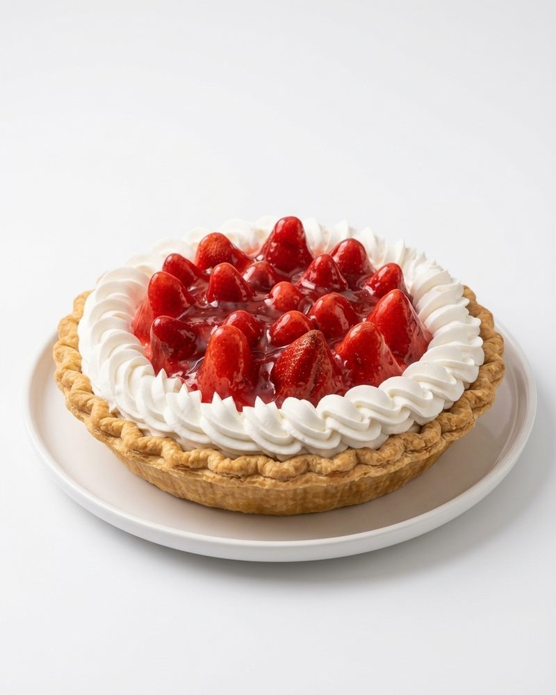 Pie de fresas sobre fondo blanco, vista 3/4
