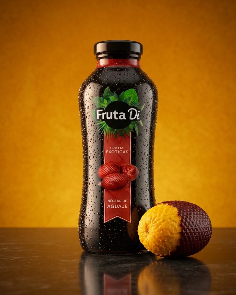 La misma botella con gotas frías y un aguaje abierto sobre fondo naranja