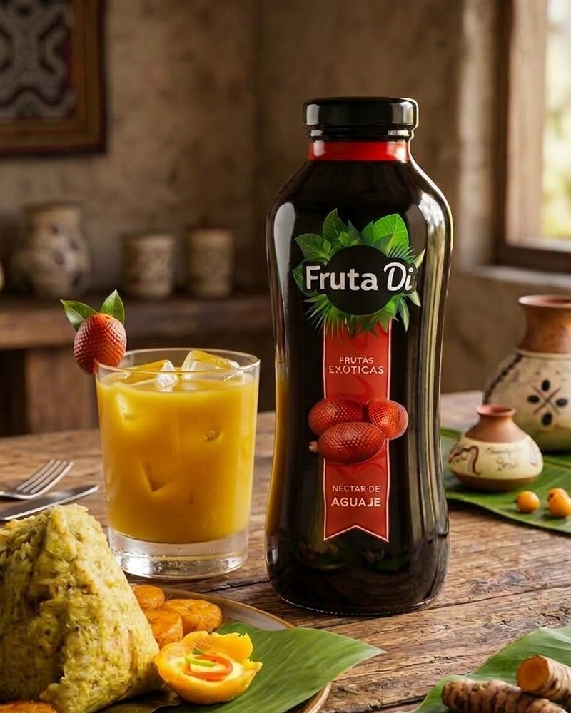 Fruta Di servido junto a un juane en una mesa amazónica
