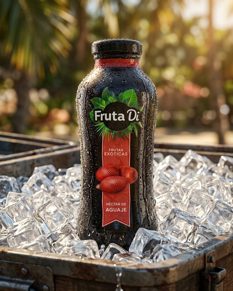 La botella de Fruta Di en una caja con hielo